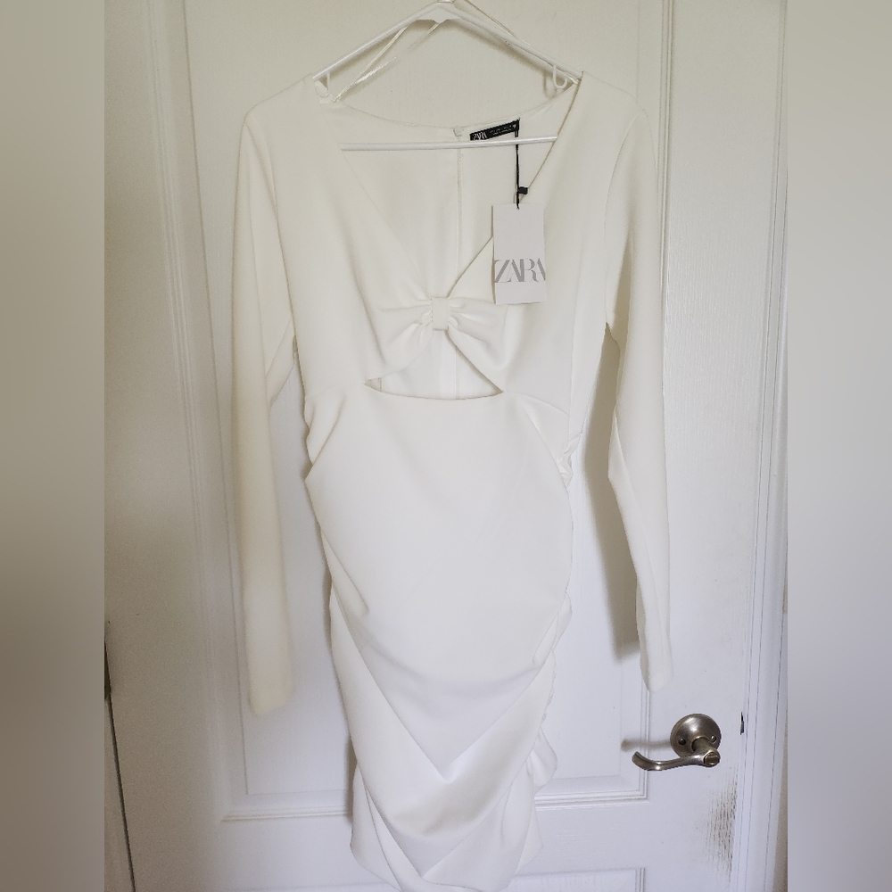 Zara cut out ruched long sleeve white dress